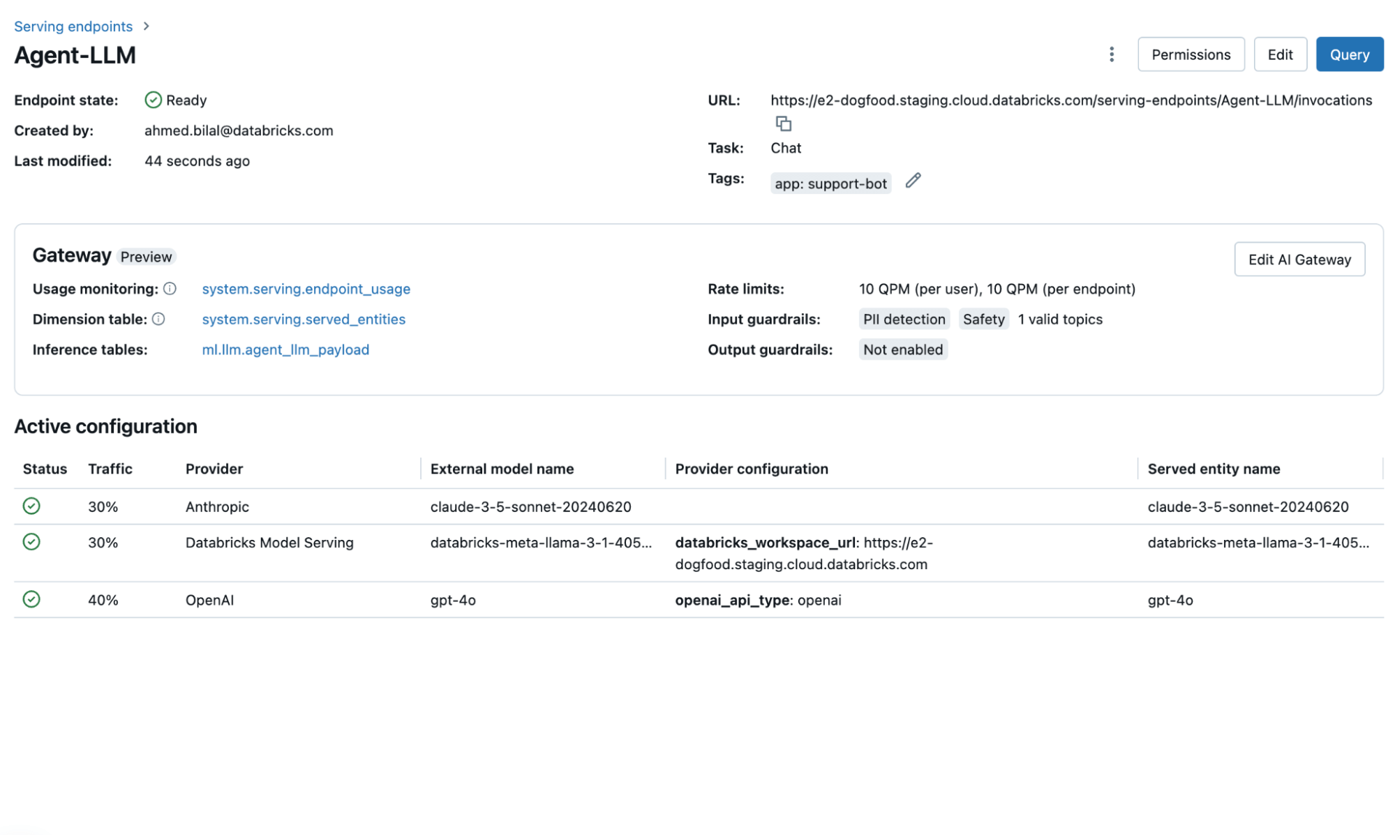 Mosaic AI Gateway includes comprehensive guardrails to secure traffic to any model API, enforcing safety policies and protecting sensitive information in real-time.